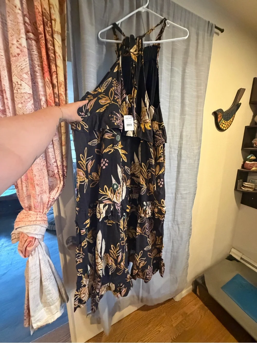 Free People Black Floral Tiered Maxi Dress with Yellow & Cream Leaves
